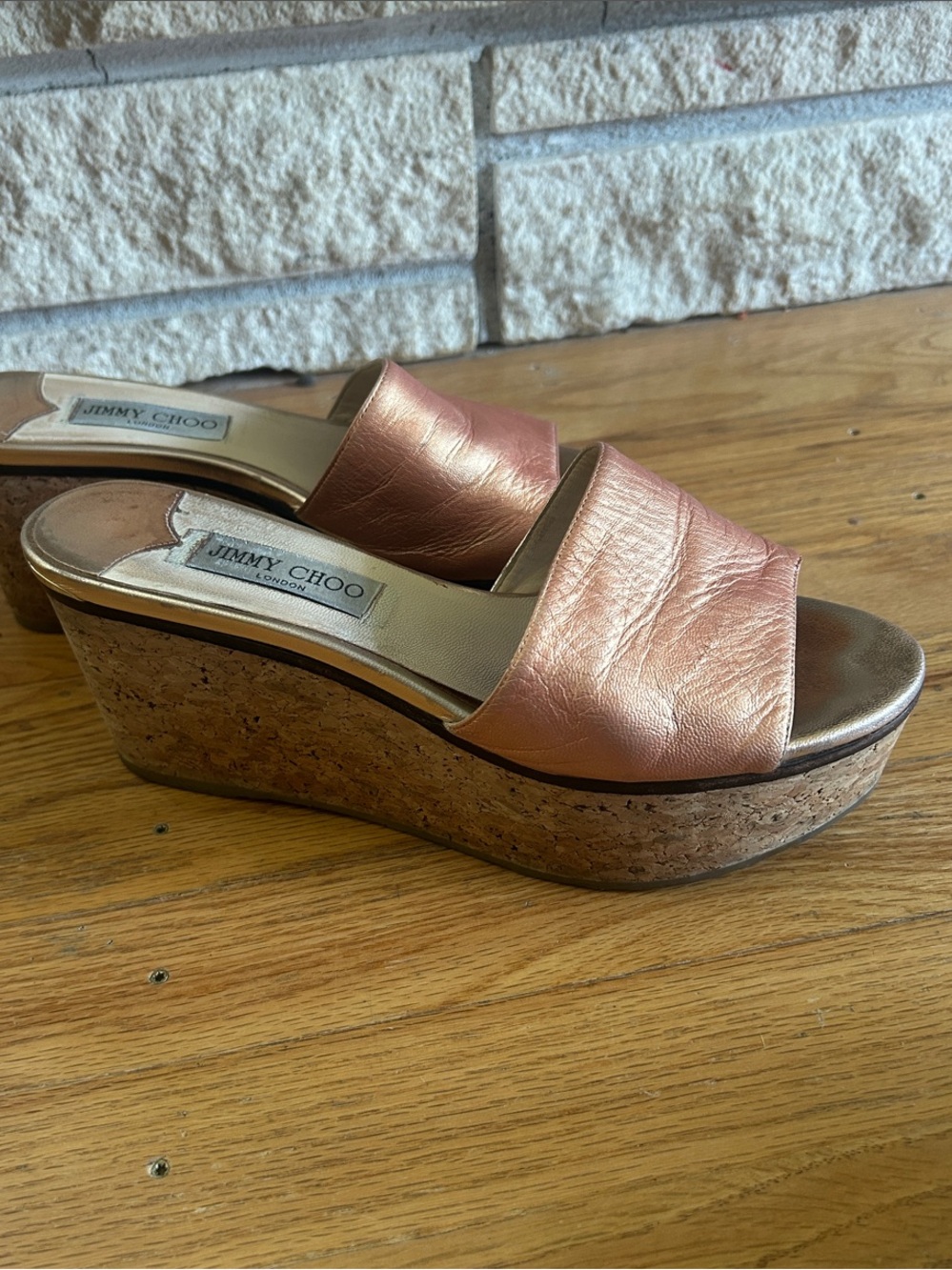 Jimmy Choo Rose Gold Metallic Leather Cork Wedge Slides ✨GUC✨